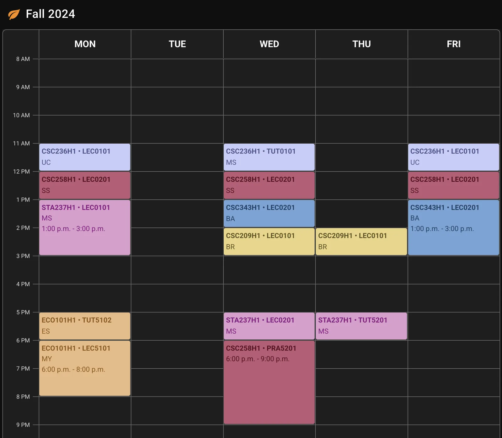 Fall 2024 timetable, with all courses scheduled downtown